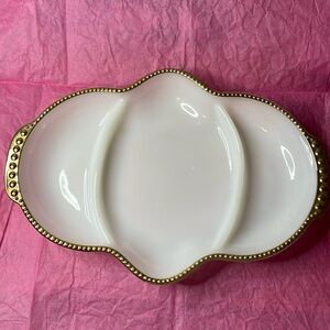 Fire King Ware White and Gold Milk Glass Relish Divided Dish VINTAGE